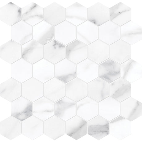 Anatolia Tile La Marca 2 Inch Hexagon Statuario Honed Porcelain Mosaics. 1 Sheet = .96 Sq. Ft. 4501-0356-0 Statuario Nuovo 2" Hexagon Honed - premium natural stone mosaic tile from Anatolia Tile, available at PoshHaus showroom in Keene, NH