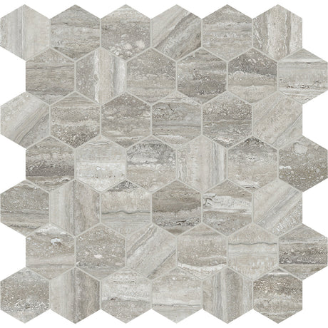 Anatolia Tile La Marca 2 Inch Hexagon Traventino Honed Porcelain Mosaics. 1 Sheet = .96 Sq. Ft. 4501-0355-0 Travertino Instrata 2" Hexagon Honed - premium natural stone mosaic tile from Anatolia Tile, available at PoshHaus showroom in Keene, NH