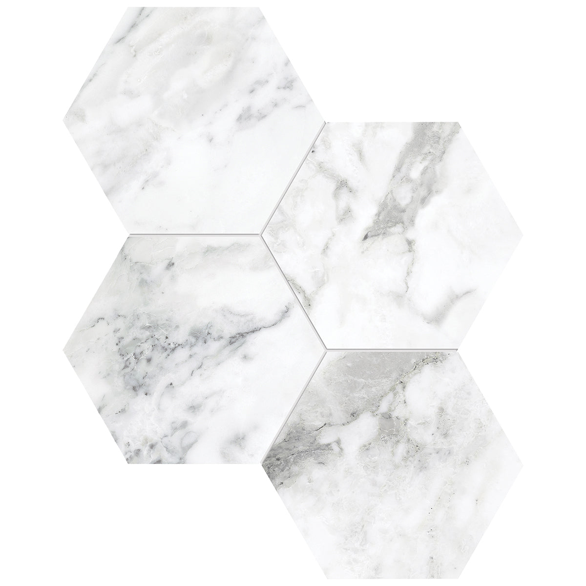 Anatolia Tile 6" Hexagon La Marca Arabescato Honed & Rectified Porcelain Mosaic - 1 Sheet = .797 - 4501-0331-0" Arabescato 6" Hexagon Honed - premium natural stone mosaic tile from Anatolia Tile, available at PoshHaus showroom in Keene, NH