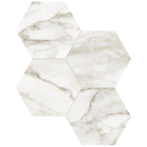 Anatolia Tile 6" Hexagon La Marca Nero Honed & Rectified Porcelain Mosaic - 1 Sheet = .797 - 4501-0333-0" Calacatta Paonazzo 6" Hexagon Honed - premium natural stone mosaic tile from Anatolia Tile, available at PoshHaus showroom in Keene, NH
