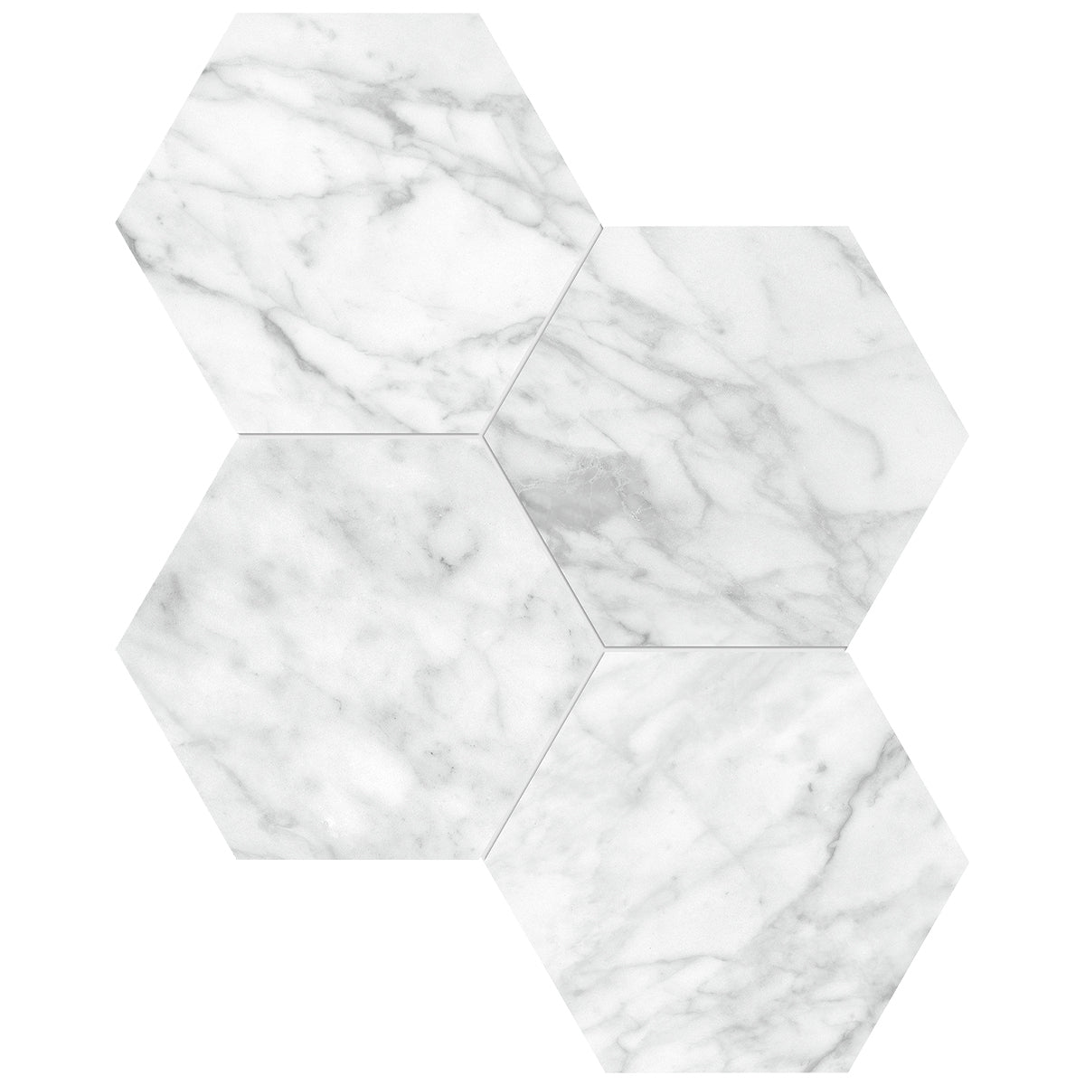Anatolia Tile 6" Hexagon La Marca Carrara Polished & Rectified Porcelain Mosaic - 1 Sheet = .797 - 4501-0325-0" Carrara Gioia 6" Hexagon Polished - premium natural stone mosaic tile from Anatolia Tile, available at PoshHaus showroom in Keene, NH