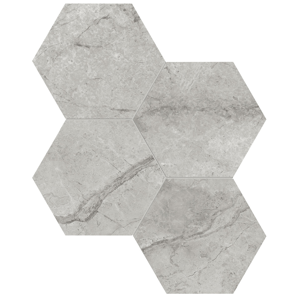 Anatolia Tile 6" Hexagon La Marca Paradiso Polished & Rectified Porcelain Mosaic - 1 Sheet = .797 - 4501-0326-0" Paradiso Argento 6" Hexagon Polished - premium natural stone mosaic tile from Anatolia Tile, available at PoshHaus showroom in Keene, NH
