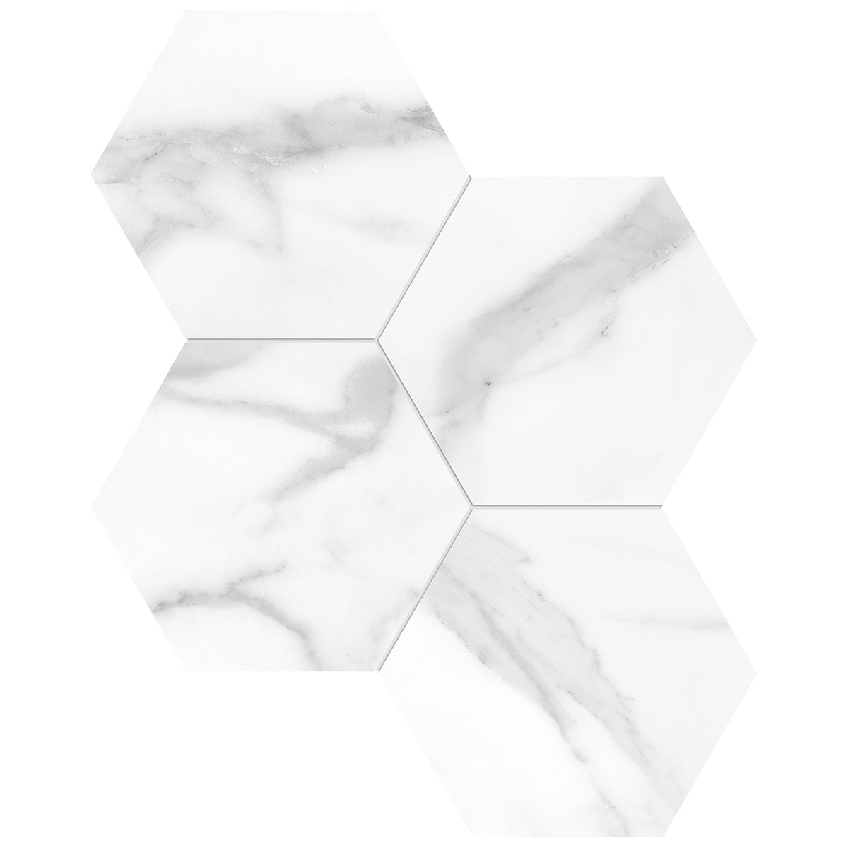 Anatolia Tile 6" Hexagon La Marca Statuario Polished & Rectified Porcelain Mosaic - 1 Sheet = .797 - 4501-0329-0" Statuario Nuovo 6" Hexagon Polished - premium natural stone mosaic tile from Anatolia Tile, available at PoshHaus showroom in Keene, NH