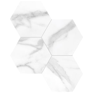 Anatolia Tile 6" Hexagon La Marca Statuario Polished & Rectified Porcelain Mosaic - 1 Sheet = .797 - 4501-0329-0" Statuario Nuovo 6" Hexagon Polished - premium natural stone mosaic tile from Anatolia Tile, available at PoshHaus showroom in Keene, NH