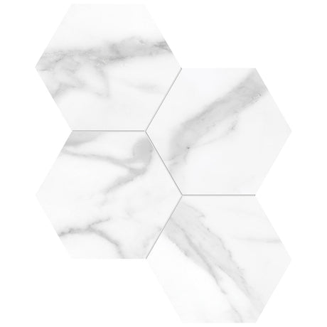 Anatolia Tile 6" Hexagon La Marca Statuario Polished & Rectified Porcelain Mosaic - 1 Sheet = .797 - 4501-0329-0" Statuario Nuovo 6" Hexagon Polished - premium natural stone mosaic tile from Anatolia Tile, available at PoshHaus showroom in Keene, NH