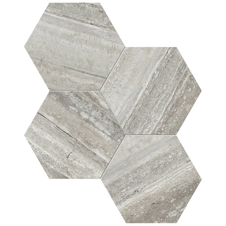 Anatolia Tile 6" Hexagon La Marca Travertino Polished & Rectified Porcelain Mosaic - 1 Sheet = .797 - 4501-0328-0" Travertino Instrata 6" Hexagon Polished - premium natural stone mosaic tile from Anatolia Tile, available at PoshHaus showroom in Keene, NH