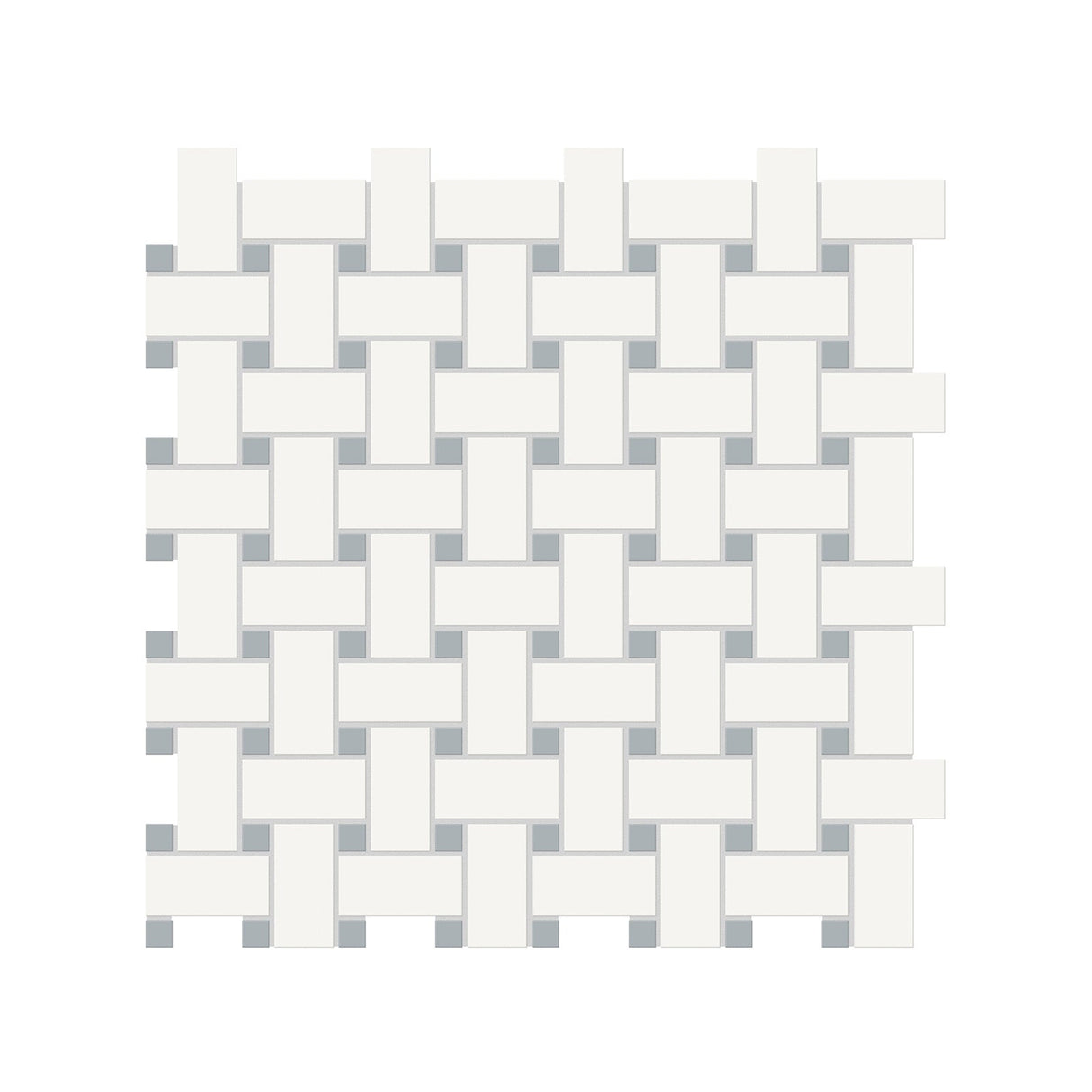 Anatolia Tile Soho Canvas White Matte Porcelain Basketweave Mosaics With Cloud Blue Dot. 1 Sheet = .96 Sq. Ft. 4501-0472-0  - premium natural stone mosaic tile from Anatolia Tile, available at PoshHaus showroom in Keene, NH