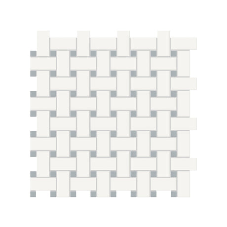 Anatolia Tile Soho Canvas White Matte Porcelain Basketweave Mosaics With Cloud Blue Dot. 1 Sheet = .96 Sq. Ft. 4501-0472-0  - premium natural stone mosaic tile from Anatolia Tile, available at PoshHaus showroom in Keene, NH