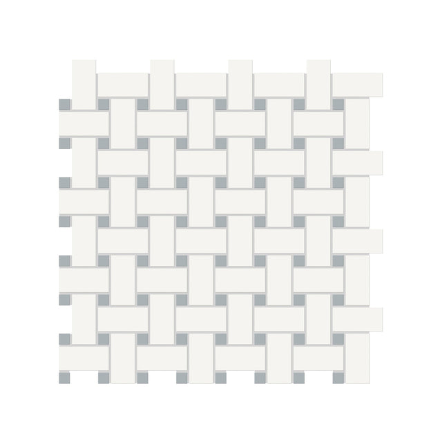 Anatolia Tile Soho Canvas White Matte Porcelain Basketweave Mosaics With Cloud Blue Dot. 1 Sheet = .96 Sq. Ft. 4501-0472-0  - premium natural stone mosaic tile from Anatolia Tile, available at PoshHaus showroom in Keene, NH