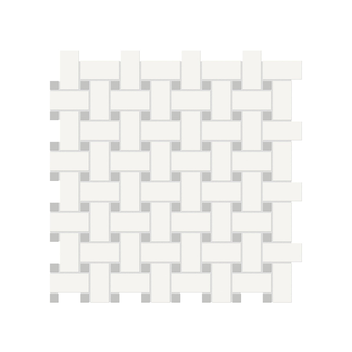 Anatolia Tile Soho Canvas White Matte Porcelain Basketweave Mosaic With Loft Grey Dot. 1 Sheet = .96 Sq. Ft. 4501-0468-0  - premium natural stone mosaic tile from Anatolia Tile, available at PoshHaus showroom in Keene, NH