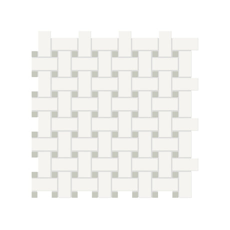 Anatolia Tile Soho Canvas White Matte Porcelain Basketweave Mosaic With Soft Sage Dot. 1 Sheet = .96 Sq. Ft. 4501-0471-0  - premium natural stone mosaic tile from Anatolia Tile, available at PoshHaus showroom in Keene, NH