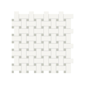 Soho Canvas White Matte Porcelain Basketweave Mosaic With Soft Sage Dot. 1 Sheet = .96 Sq. Ft.