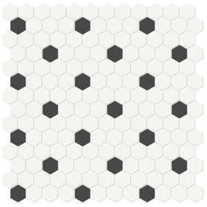 1 Inch Soho Matte Canvas White Hexagon Mosaic With Retro Black Dots. Sheet = .93 Sq Ft.