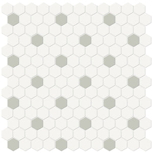 1 Inch Soho Matte Canvas White Hexagon Mosaic With Soft Sage Dots. Sheet = .93 Sq. Ft.