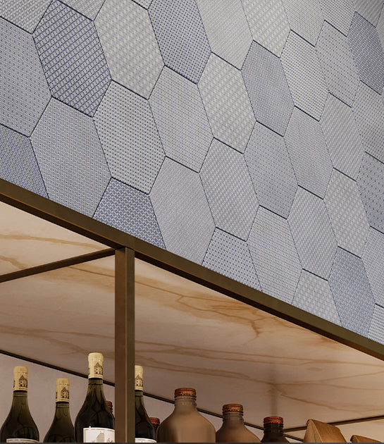 Anatolia Tile 8 In Hex Tapestri Denim 4500-0986-0 Blend Denim Blend Hexagon 8.5x8.5 - premium natural stone mosaic tile from Anatolia Tile, available at PoshHaus showroom in Keene, NH