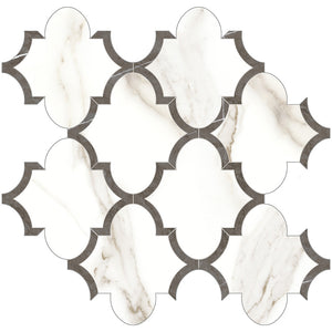 Anatolia Tile Mayfair Calacatta Oro Arabesque Polished Porcelain Mosaics. 1 Sheet = .97 Sq. Ft. 4501-0127-1 Calacatta Oro Arabesque - premium natural stone mosaic tile from Anatolia Tile, available at PoshHaus showroom in Keene, NH