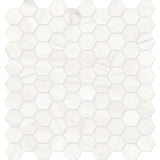 Anatolia Tile 1.25 Inch Mayfair Suave Bianco Polished Porcelain Hexagon Mosaics. 1 Sheet = .97 Sq. Ft. 4501-0150-1 Suave Bianco 1.25" Hexagon - premium natural stone mosaic tile from Anatolia Tile, available at PoshHaus showroom in Keene, NH