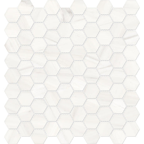 Anatolia Tile 1.25 Inch Mayfair Suave Bianco Polished Porcelain Hexagon Mosaics. 1 Sheet = .97 Sq. Ft. 4501-0150-1 Suave Bianco 1.25" Hexagon - premium natural stone mosaic tile from Anatolia Tile, available at PoshHaus showroom in Keene, NH