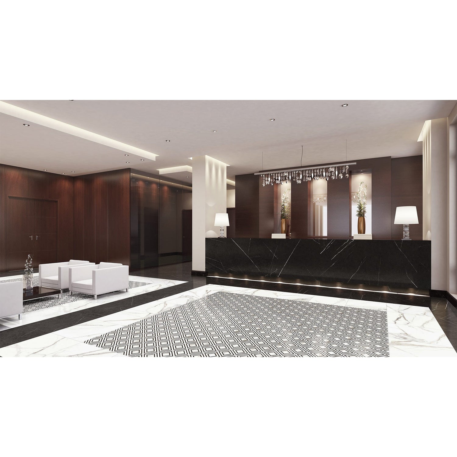 Anatolia Tile Mayfair Calacatta Piazza Polished Porcelain Mosaics. 1 Sheet = .96 Sq. Ft. 4501-0153-1 Calacatta Oro Piazza - premium natural stone mosaic tile from Anatolia Tile, available at PoshHaus showroom in Keene, NH