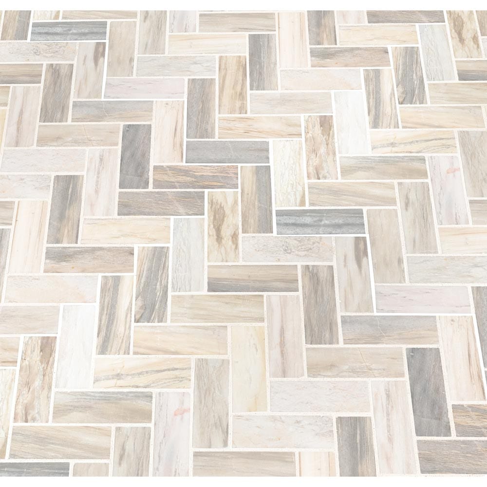 Angora herringbone 12X12 polished marble mesh mounted mosaic tile SMOT-ANGORA-HBP product shot multiple tiles angle view