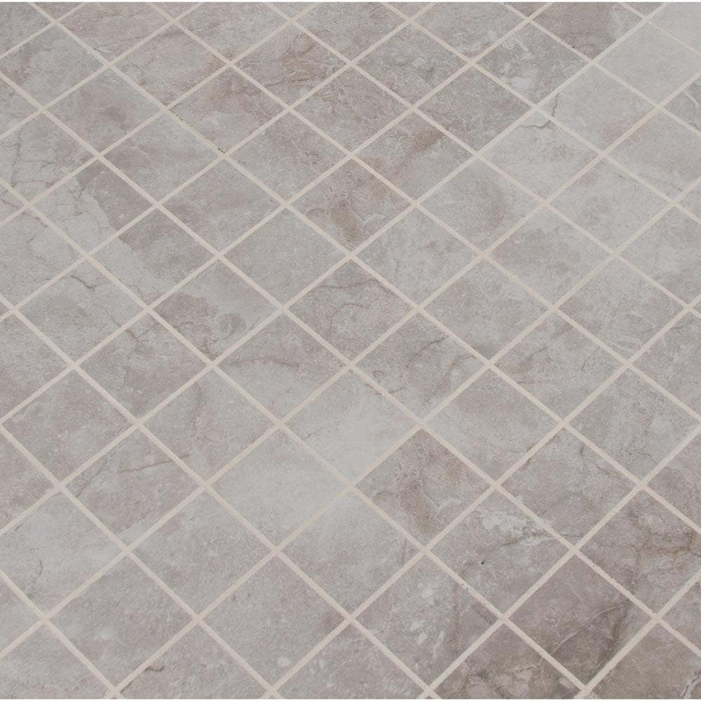 Ansello grey 12X12 glazed ceramic mesh mounted mosaic tile NANSGRE2X2 product shot multiple tiles angle view