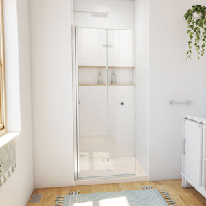 DreamLine Aqua-Q Fold 32 in. D x 32 in. W x 74 3/4 in. H Frameless Bi-Fold Shower Door in Brushed Nickel with Biscuit Base Kit