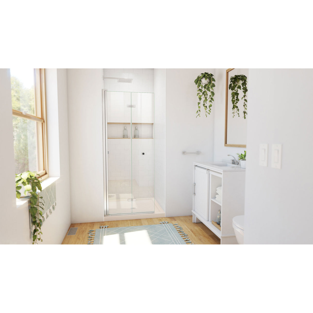 DreamLine Aqua-Q Fold 36 in. D x 36 in. W x 74 3/4 in. H Frameless Bi-Fold Shower Door in Brushed Nickel with Biscuit Base Kit