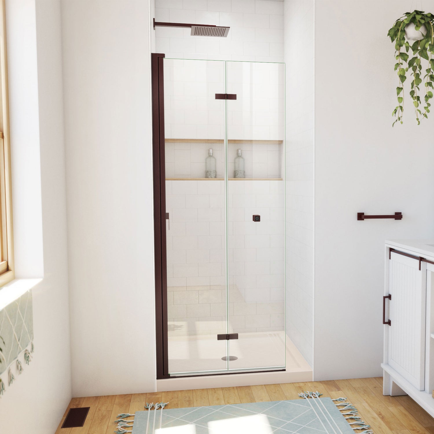 DreamLine Aqua-Q Fold 36 in. D x 36 in. W x 74 3/4 in. H Frameless Bi-Fold Shower Door in Oil Rubbed Bronze with Biscuit Base Kit