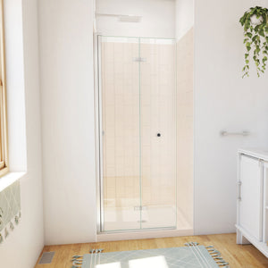 DreamLine Aqua-Q Fold 32 in. D x 32 in. W x 76 3/4 in. H Frameless Bi-Fold Shower Door in Brushed Nickel with Biscuit Acrylic Kit