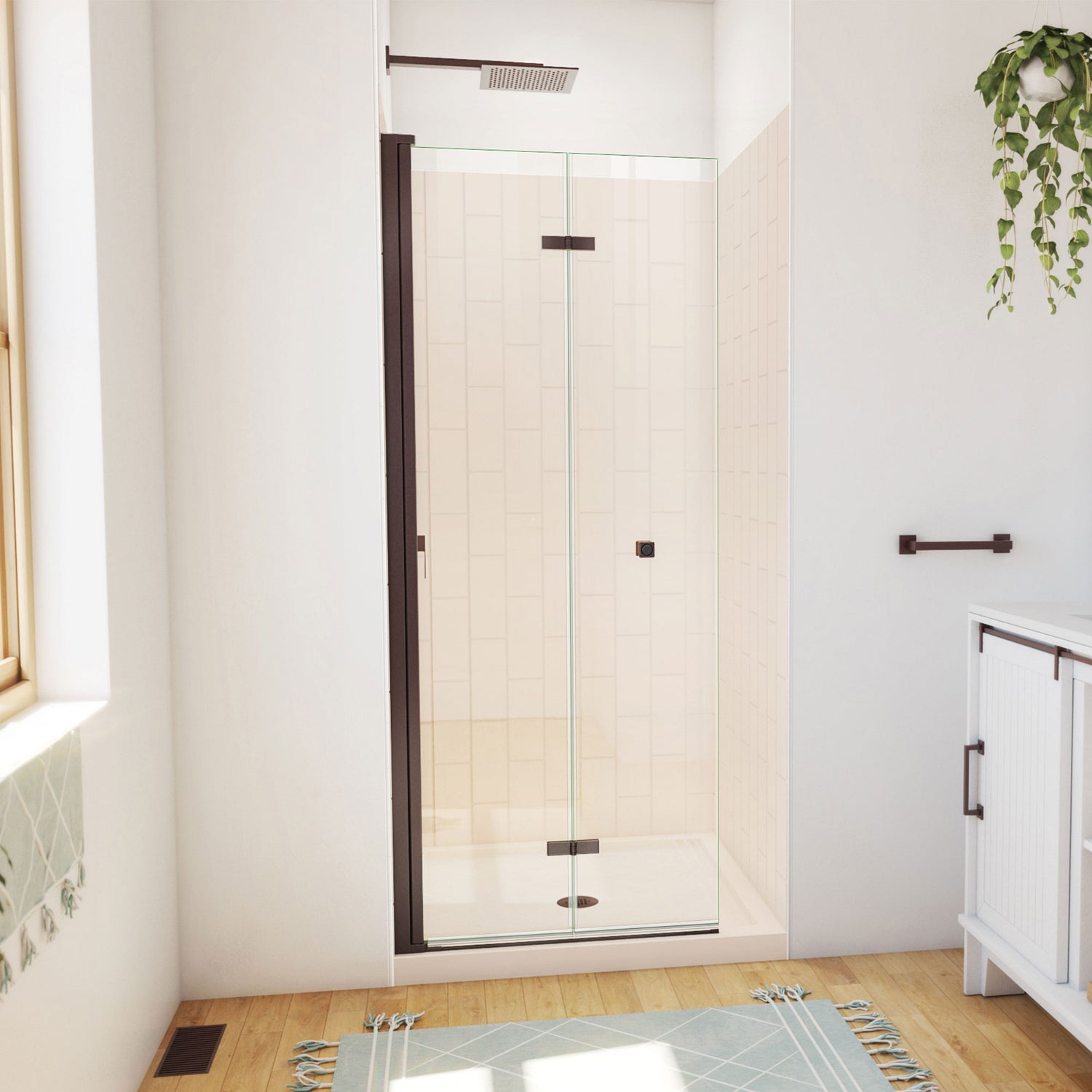 DreamLine Aqua-Q Fold 32 in. D x 32 in. W x 76 3/4 in. H Frameless Bi-Fold Shower Door in Oil Rubbed Bronze with Biscuit Kit