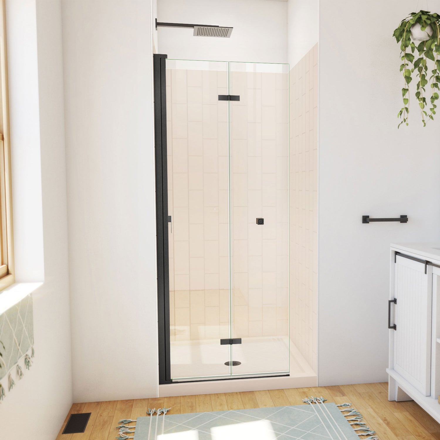 DreamLine Aqua-Q Fold 32 in. D x 32 in. W x 76 3/4 in. H Frameless Bi-Fold Shower Door in Satin Black with Biscuit Acrylic Kit