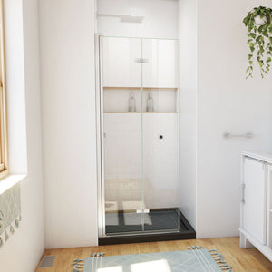 DreamLine Aqua-Q Fold 32 in. D x 32 in. W x 74 3/4 in. H Frameless Bi-Fold Shower Door in Brushed Nickel with Black Base Kit