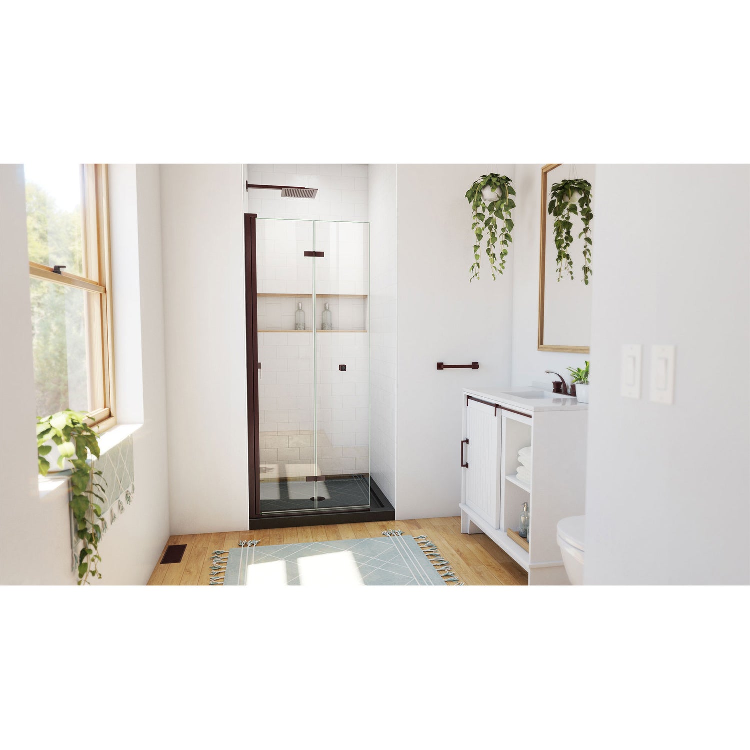 DreamLine Aqua-Q Fold 36 in. D x 36 in. W x 74 3/4 in. H Frameless Bi-Fold Shower Door in Oil Rubbed Bronze with Black Base Kit