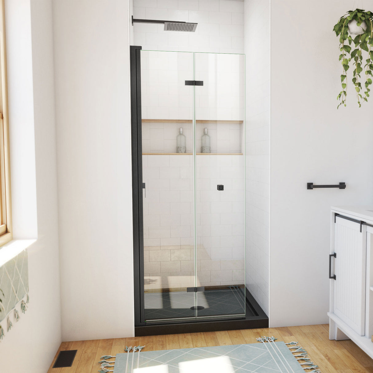 DreamLine Aqua-Q Fold 36 in. D x 36 in. W x 74 3/4 in. H Frameless Bi-Fold Shower Door in Satin Black with Black Acrylic Base Kit