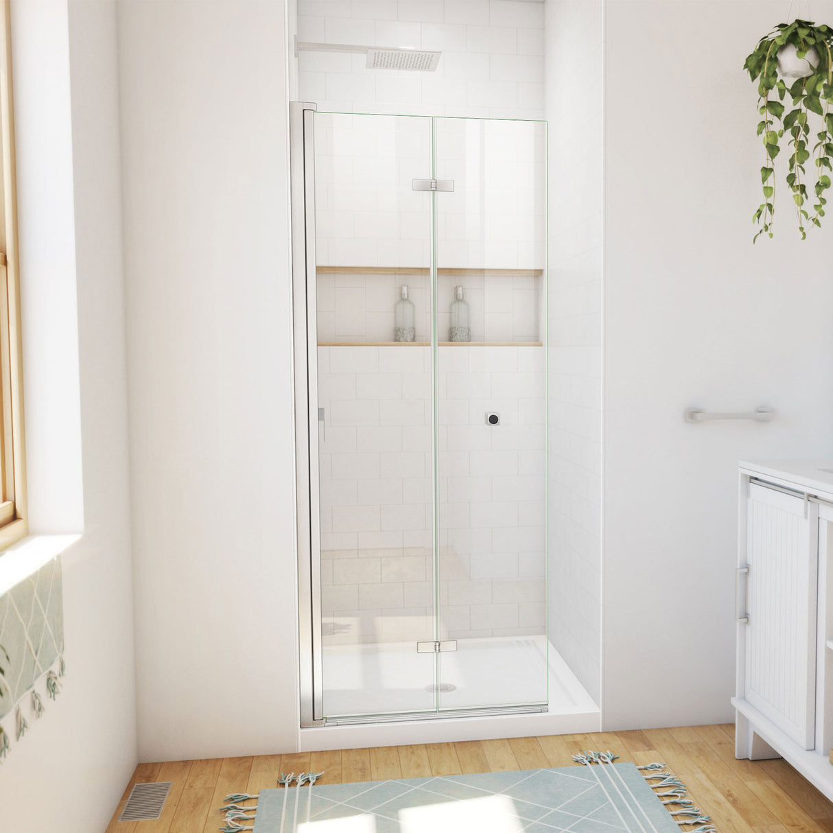DreamLine Aqua-Q Fold 36 in. D x 36 in. W x 74 3/4 in. H Frameless Bi-Fold Shower Door in Brushed Nickel with White Base Kit