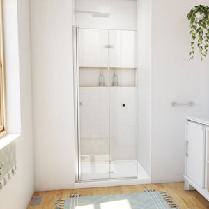 DreamLine Aqua-Q Fold 32 in. D x 32 in. W x 74 3/4 in. H Frameless Bi-Fold Shower Door in Brushed Nickel with White Base Kit