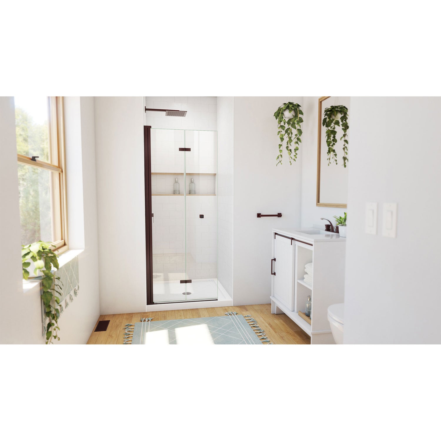 DreamLine Aqua-Q Fold 36 in. D x 36 in. W x 74 3/4 in. H Frameless Bi-Fold Shower Door in Oil Rubbed Bronze with White Base Kit