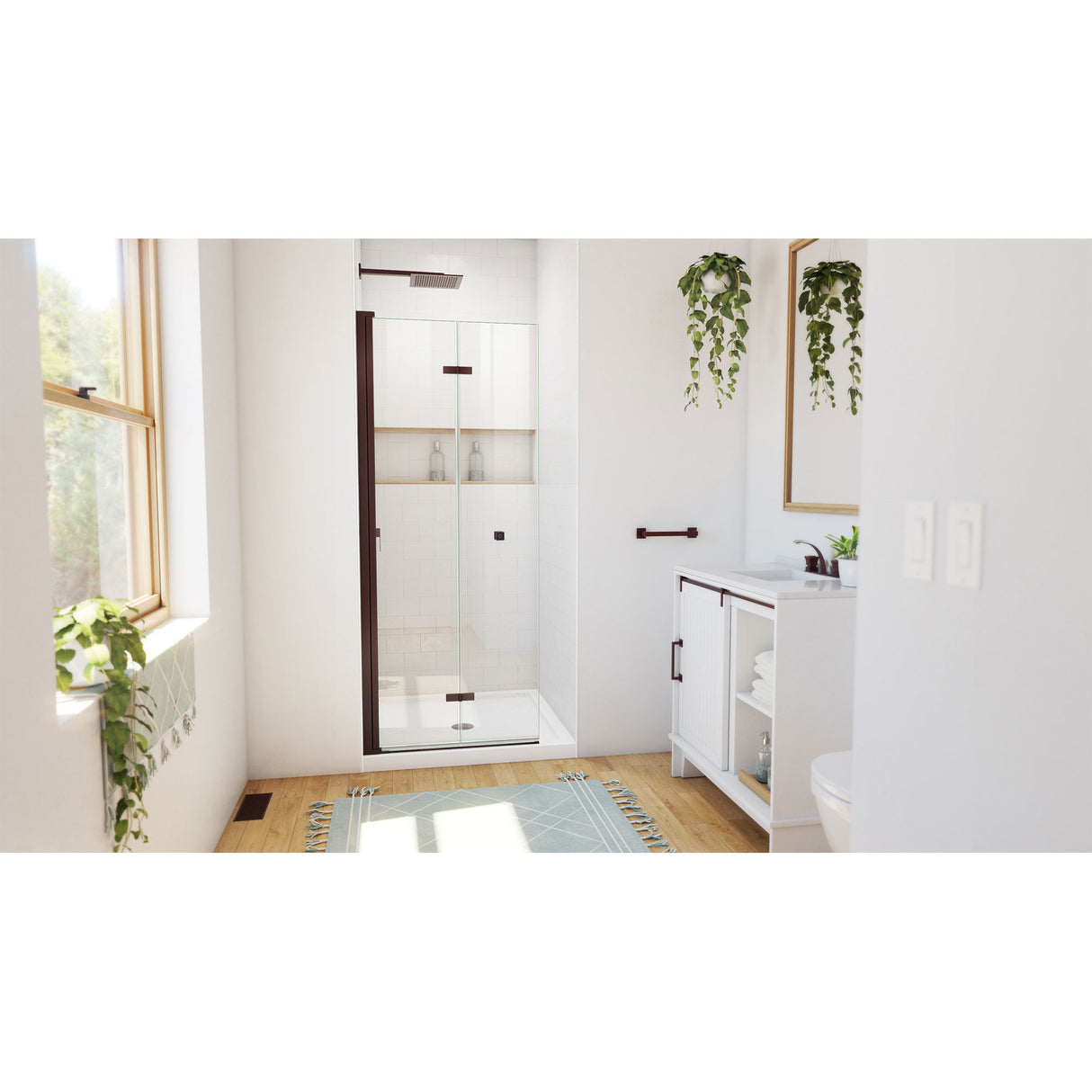 DreamLine Aqua-Q Fold 32 in. D x 32 in. W x 74 3/4 in. H Frameless Bi-Fold Shower Door in Oil Rubbed Bronze with White Base Kit