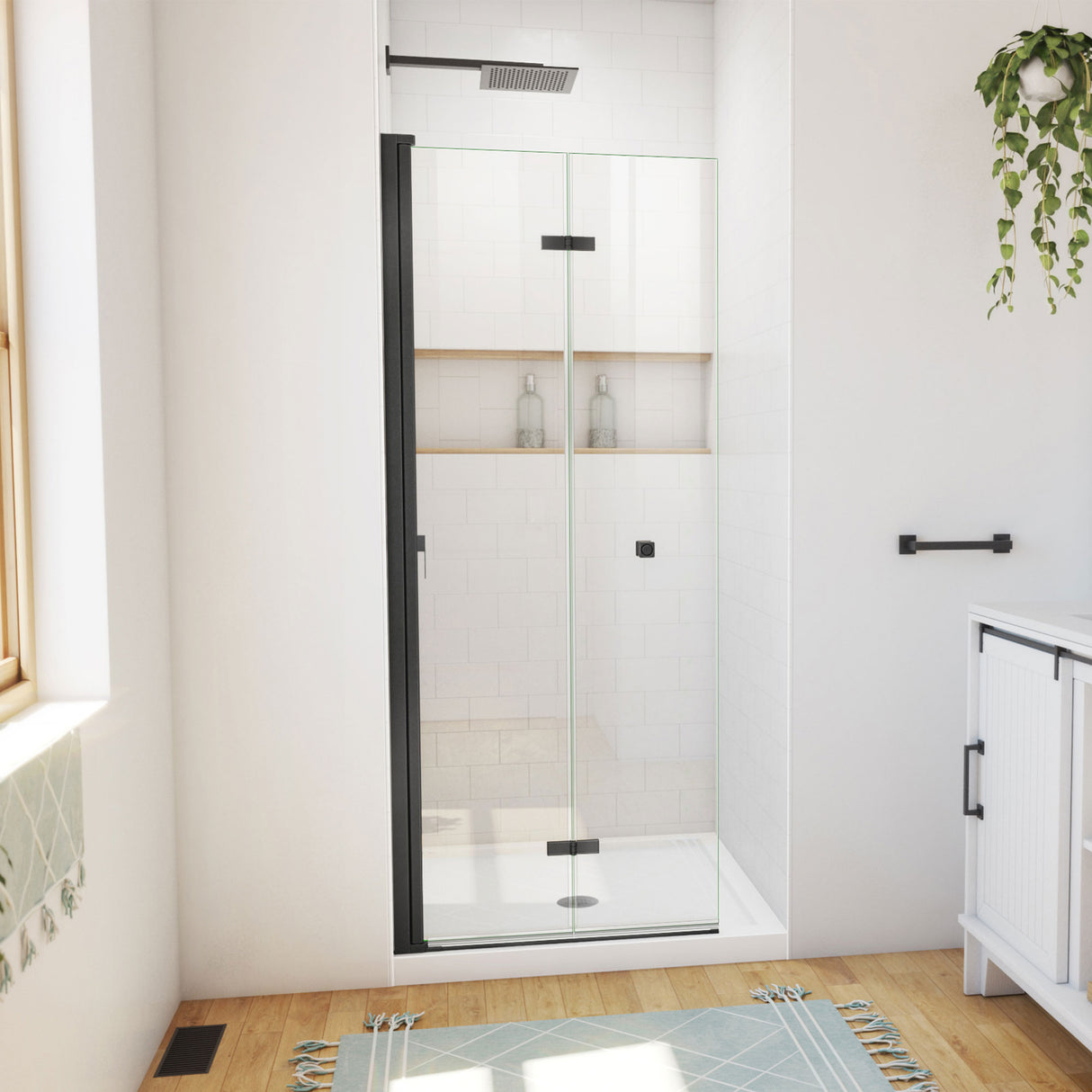 DreamLine Aqua-Q Fold 32 in. D x 32 in. W x 74 3/4 in. H Frameless Bi-Fold Shower Door in Satin Black with White Acrylic Base Kit