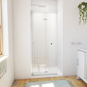 DreamLine Aqua-Q Fold 32 in. D x 32 in. W x 76 3/4 in. H Frameless Bi-Fold Shower Door in Brushed Nickel with White Acrylic Kit