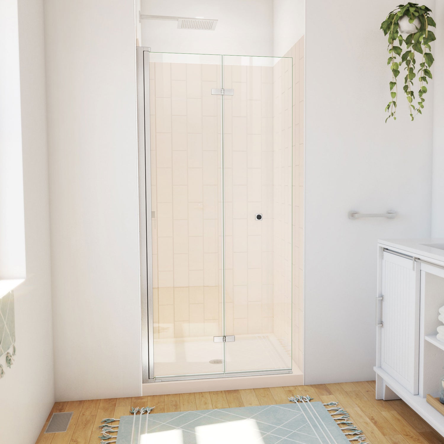 DreamLine Aqua-Q Fold 36 in. D x 36 in. W x 76 3/4 in. H Frameless Bi-Fold Shower Door in Brushed Nickel with Biscuit Acrylic Kit