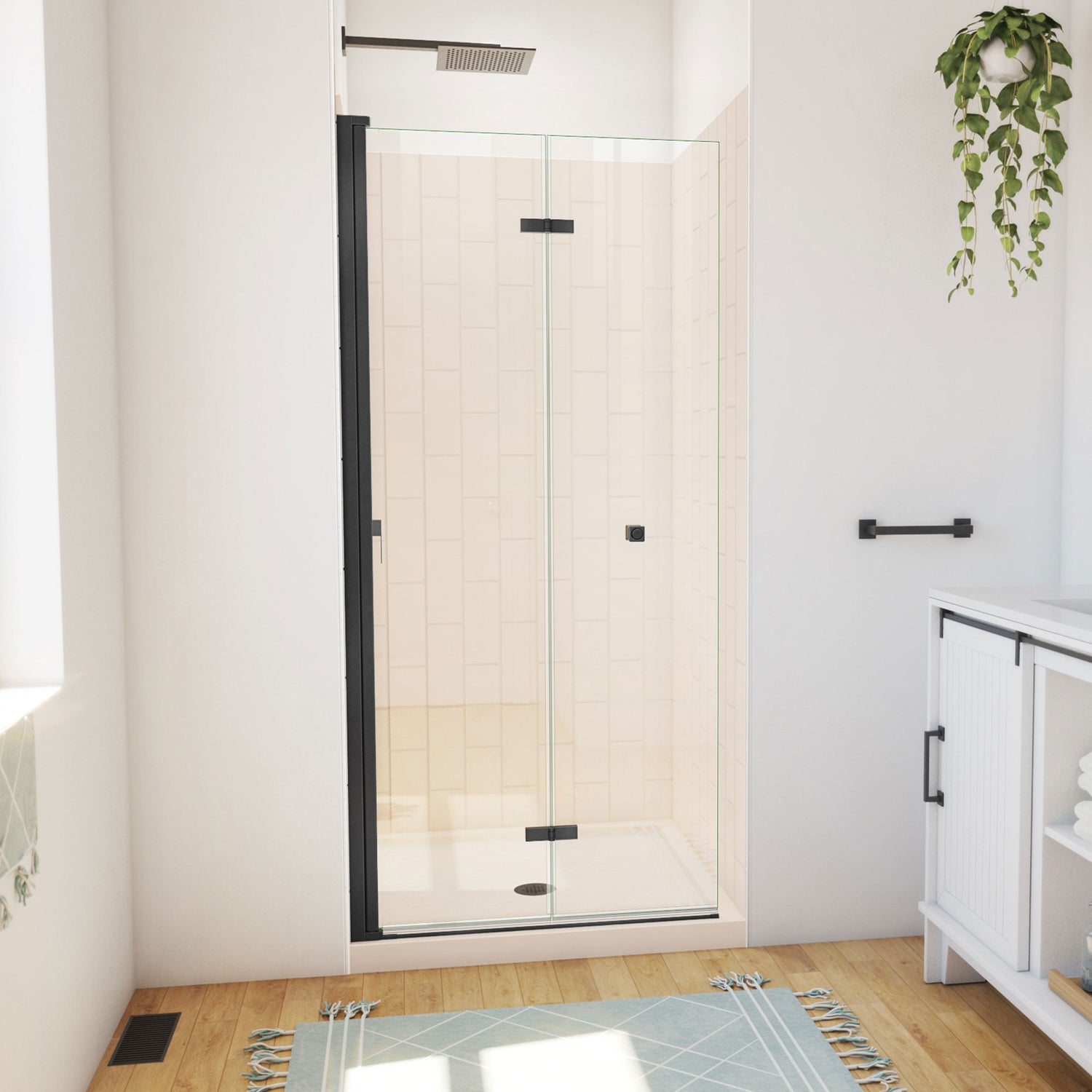 DreamLine Aqua-Q Fold 36 in. D x 36 in. W x 76 3/4 in. H Frameless Bi-Fold Shower Door in Satin Black with Biscuit Acrylic Kit