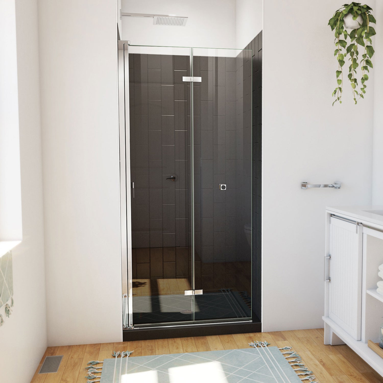 DreamLine Aqua-Q Fold 36 in. D x 36 in. W x 76 3/4 in. H Frameless Bi-Fold Shower Door in Chrome with Black Acrylic Kit
