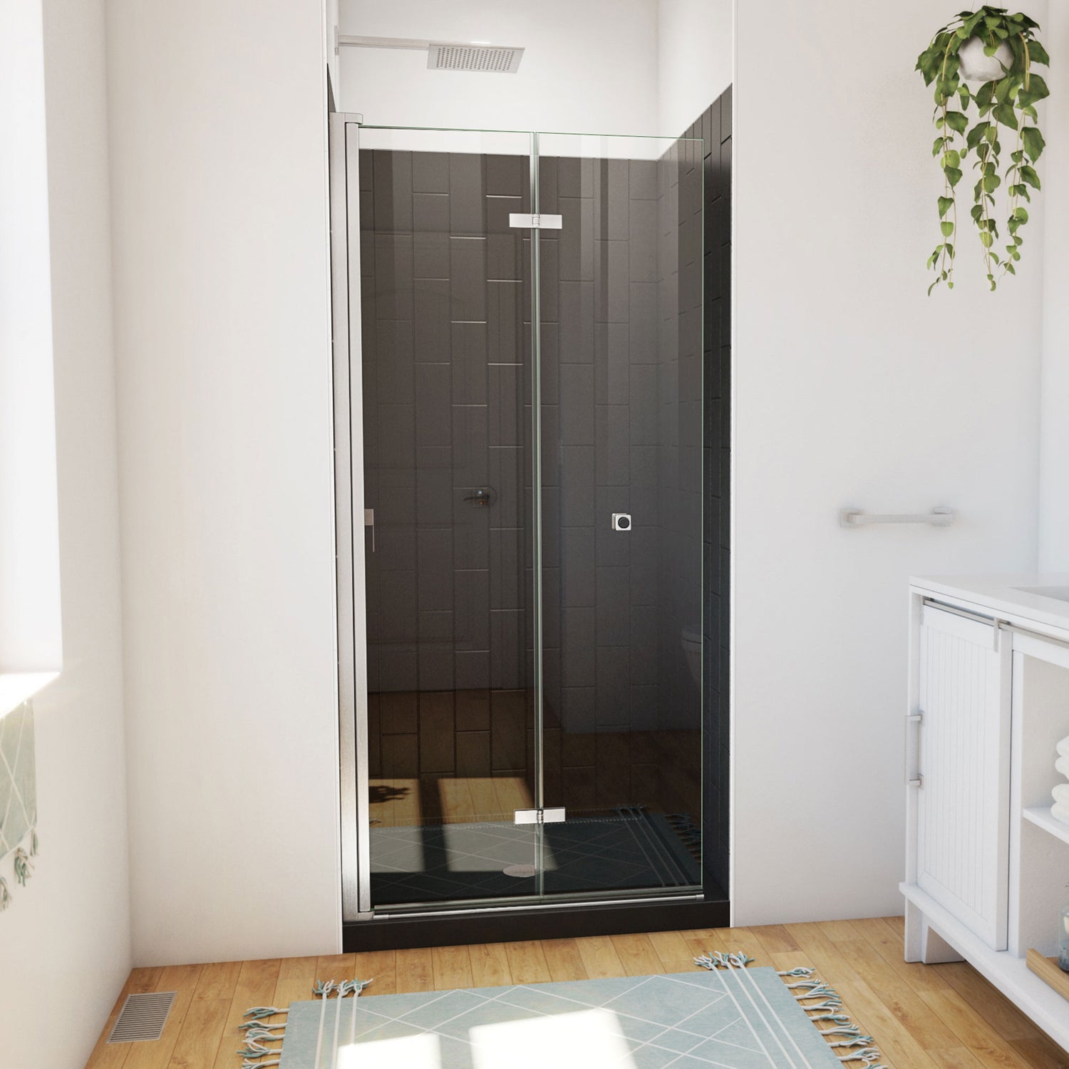 DreamLine Aqua-Q Fold 36 in. D x 36 in. W x 76 3/4 in. H Frameless Bi-Fold Shower Door in Brushed Nickel with Black Acrylic Kit
