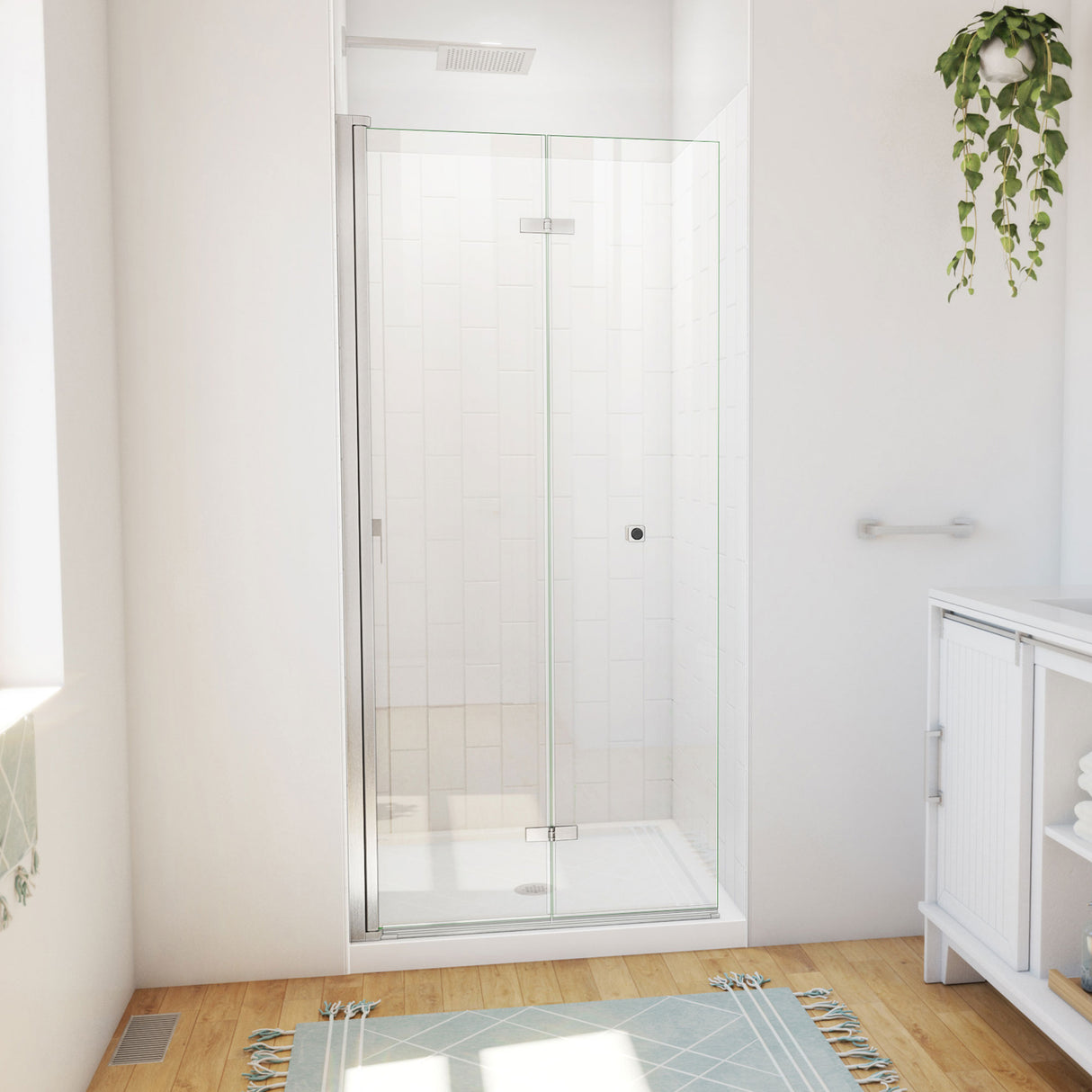 DreamLine Aqua-Q Fold 36 in. D x 36 in. W x 76 3/4 in. H Frameless Bi-Fold Shower Door in Brushed Nickel with White Acrylic Kit