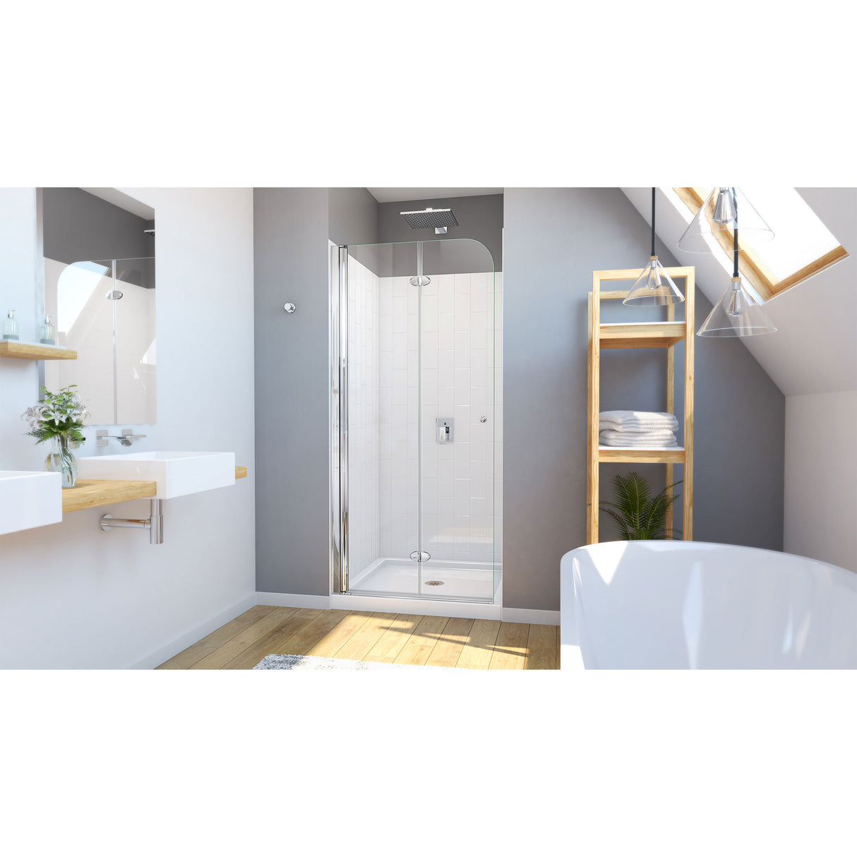 DreamLine Aqua Fold 32 in. D x 32 in. W x 78 3/4 in. H Bi-Fold Shower Door, Base, and White Wall Kit in Chrome