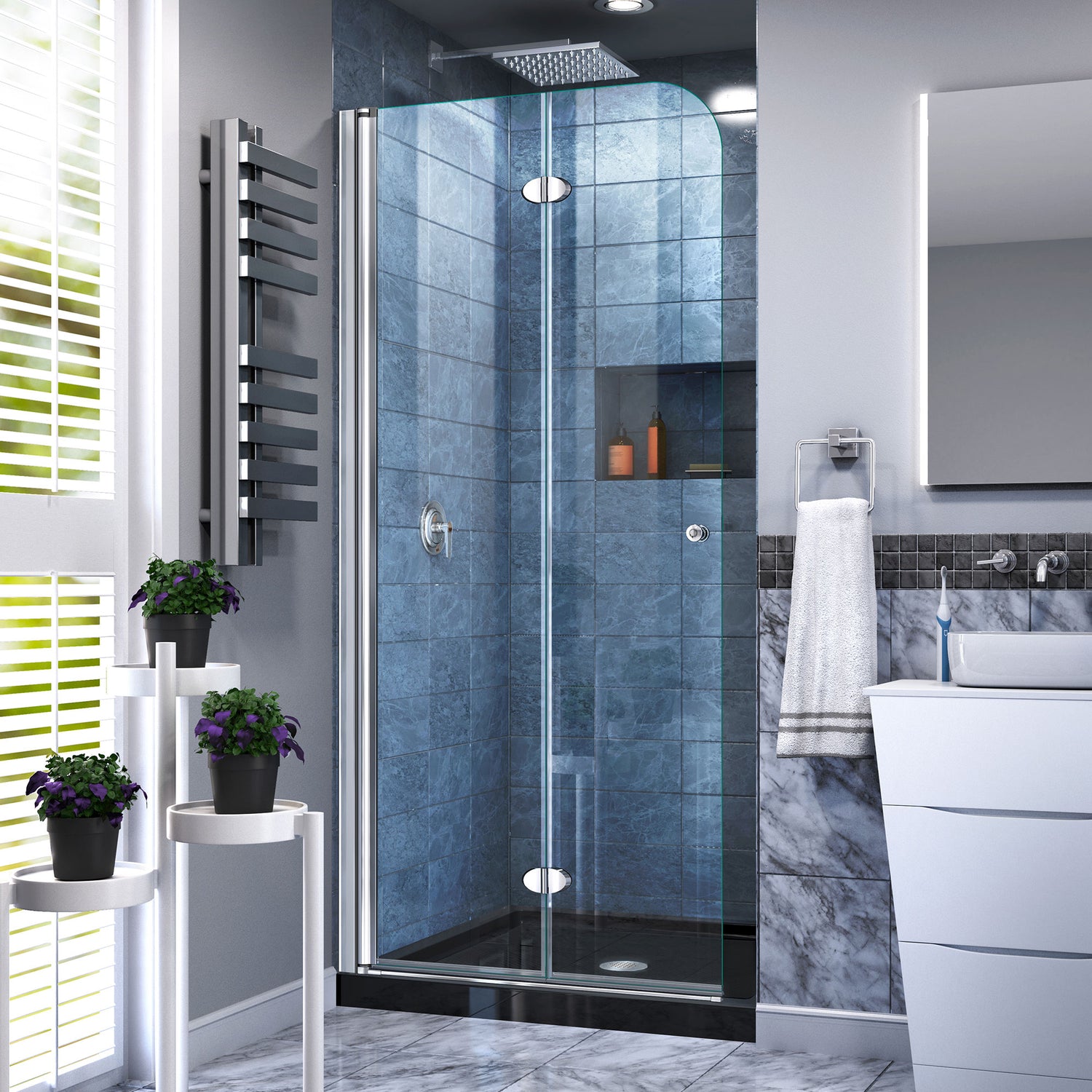 DreamLine Aqua Fold 36 in. D x 36 in. W x 74 3/4 in. H Frameless Bi-Fold Shower Door in Chrome with Black Acrylic Base Kit