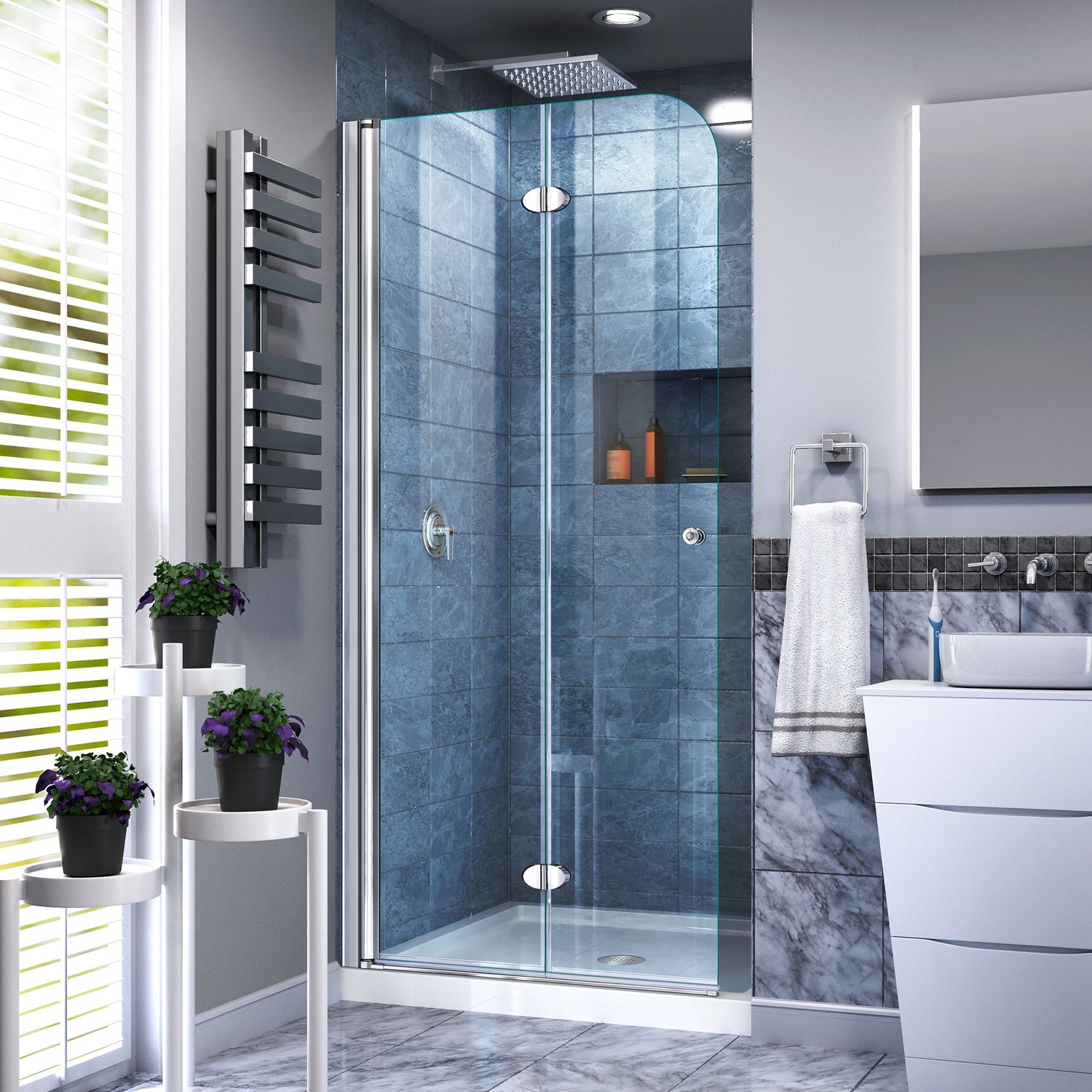DreamLine Aqua Fold 36 in. D x 36 in. W x 74 3/4 in. H Frameless Bi-Fold Shower Door in Chrome with White Acrylic Base Kit