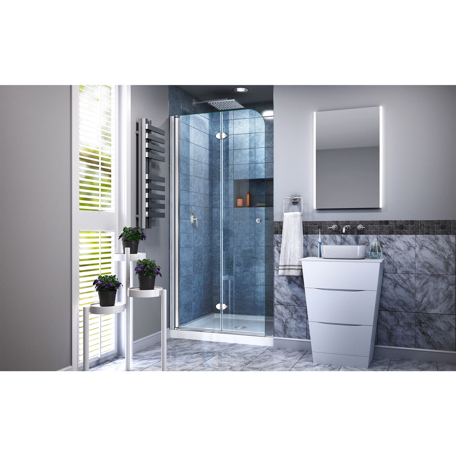 DreamLine Aqua Fold 36 in. D x 36 in. W x 74 3/4 in. H Frameless Bi-Fold Shower Door in Chrome with White Acrylic Base Kit