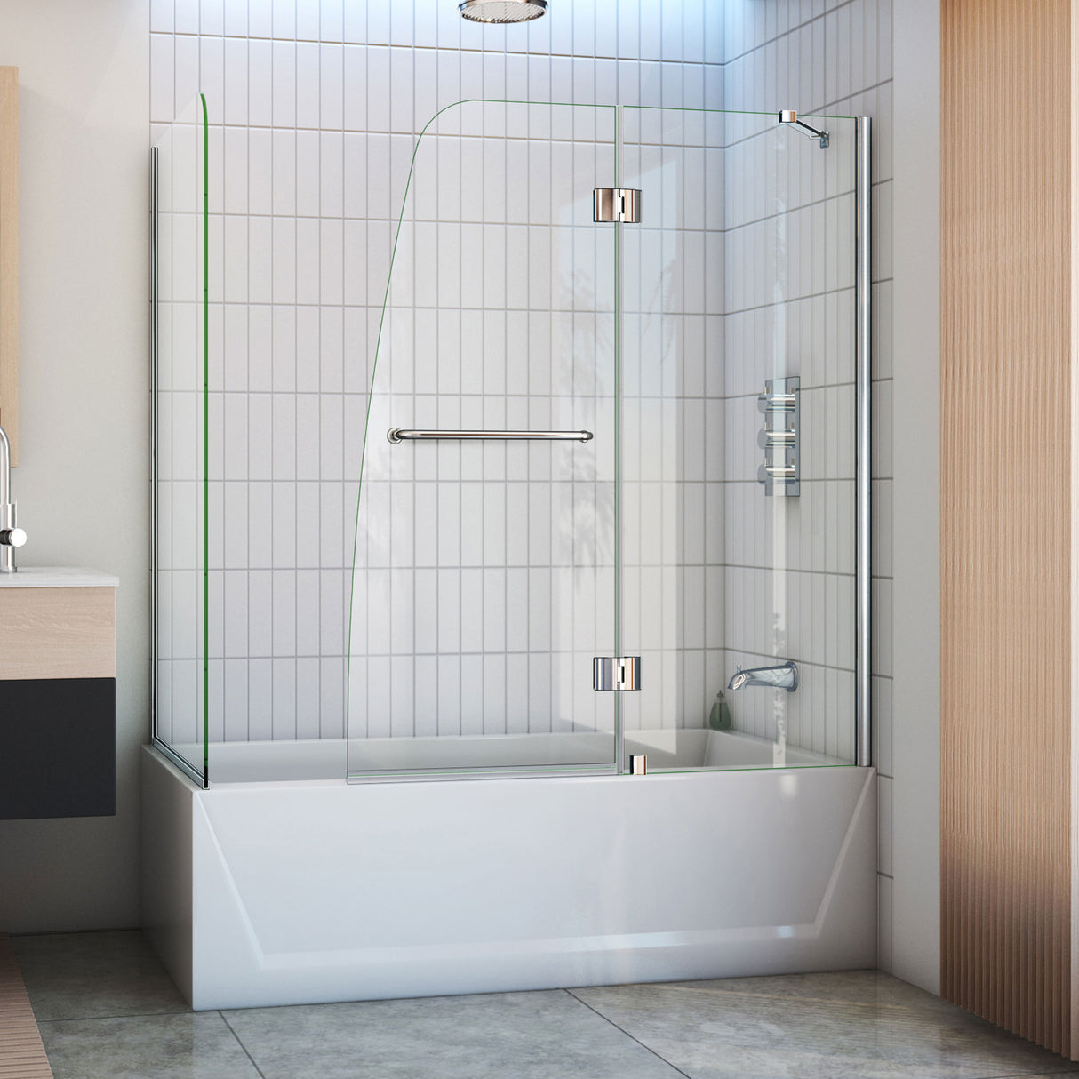 DreamLine Aqua 56-60 in. W x 30 in. D x 58 in. H Frameless Hinged Tub Door with 30 in. Return Panel in Chrome